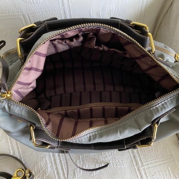 Unique Grey SM Nylon Crossbody Bag w Chocolate Leather Handles, Strap & Zippers - Picture 3 of 7